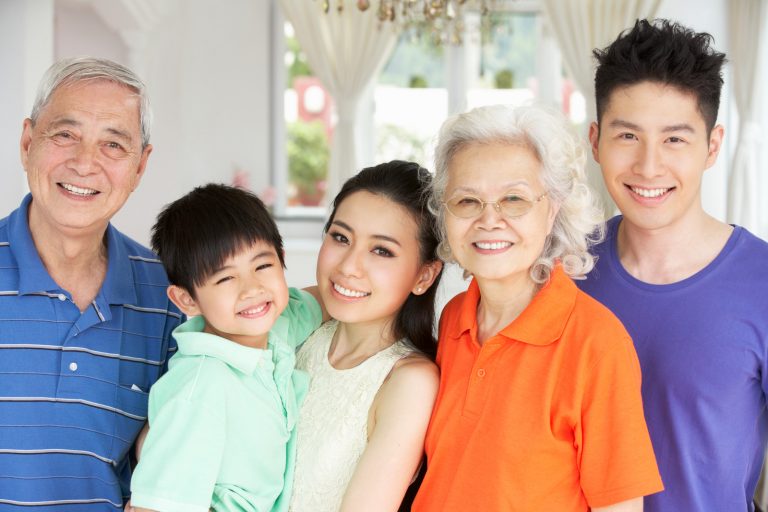 Portrait of Multi-Generation Chinese Family Relaxing at Home Tog